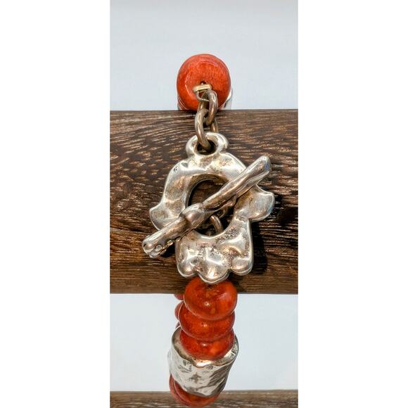 VTG DANON Made in Israel Signed Coral Silver Plated Beaded Toggle Clasp Bracelet - Picture 3 of 6